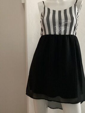 Gracie, size XS, high/low black and white sequined and laced bodice dress